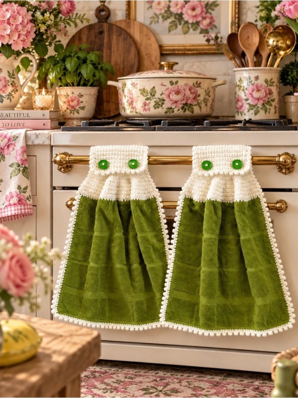 Green Crochet-Trim Hanging Kitchen Towels - Brand: